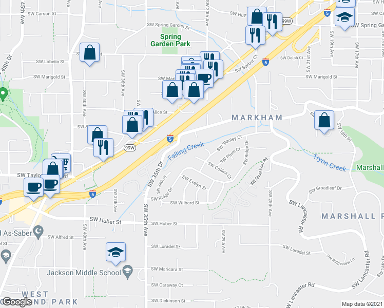 map of restaurants, bars, coffee shops, grocery stores, and more near 3109 Southwest Collins Court in Portland