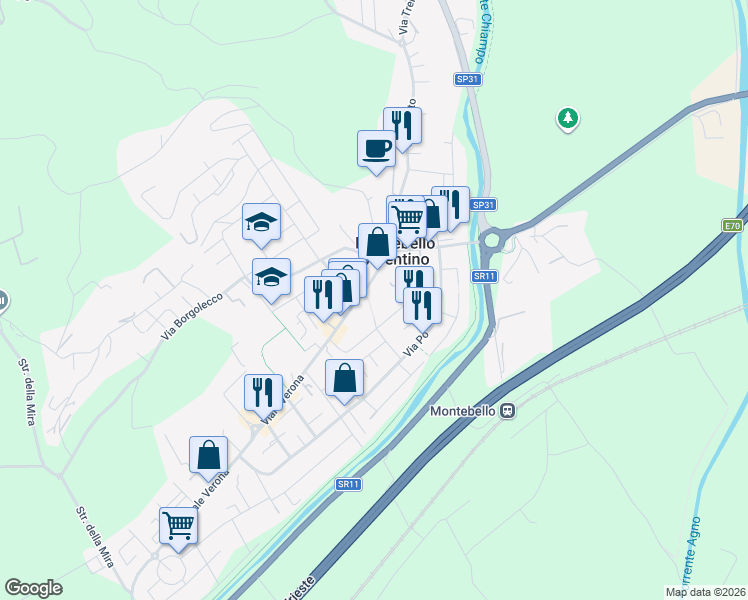 map of restaurants, bars, coffee shops, grocery stores, and more near 39 Via Generale Vaccari in Montebello Vicentino