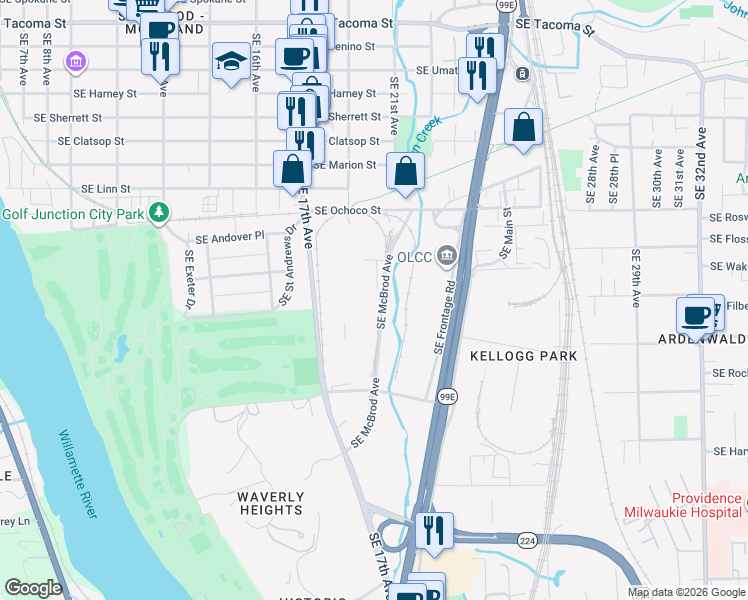 map of restaurants, bars, coffee shops, grocery stores, and more near 9255 SE McBrod Ave in Milwaukie