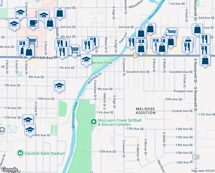 map of restaurants, bars, coffee shops, grocery stores, and more near 801-899 Aldrich Street South in Aberdeen