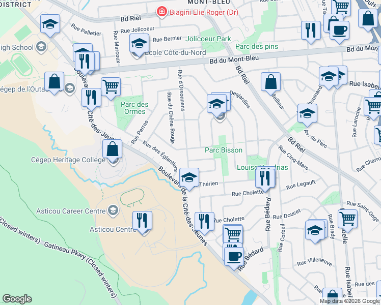 map of restaurants, bars, coffee shops, grocery stores, and more near 109 Rue Froment in Gatineau