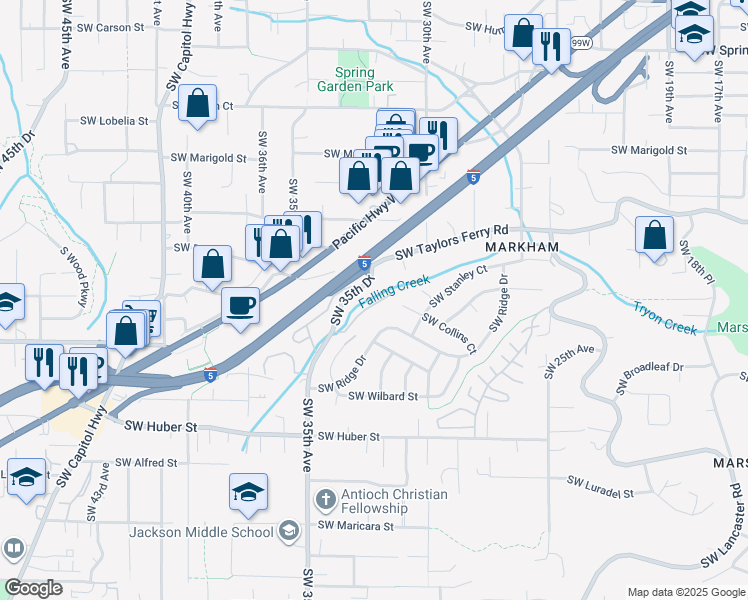 map of restaurants, bars, coffee shops, grocery stores, and more near 9630 Southwest 35th Drive in Portland