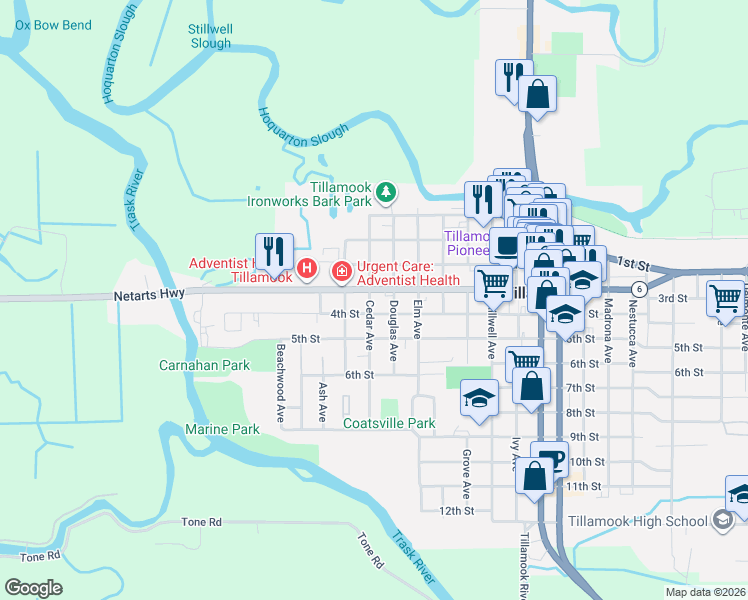map of restaurants, bars, coffee shops, grocery stores, and more near 307 Cedar Avenue in Tillamook