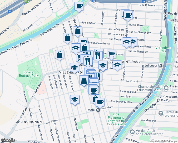 map of restaurants, bars, coffee shops, grocery stores, and more near 6236 Boulevard Monk in Montréal