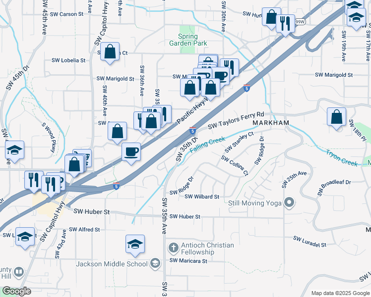 map of restaurants, bars, coffee shops, grocery stores, and more near 9630 Southwest 35th Drive in Portland