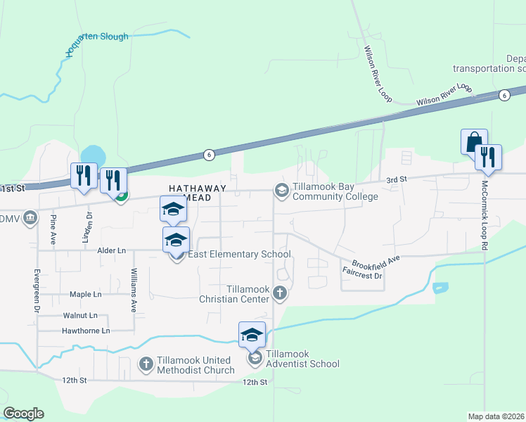 map of restaurants, bars, coffee shops, grocery stores, and more near 4212 Marolf Plaza in Tillamook