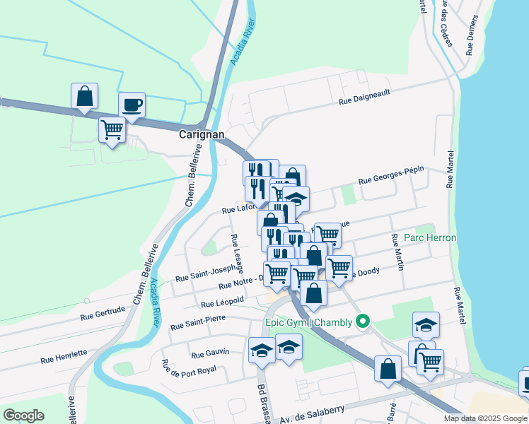 map of restaurants, bars, coffee shops, grocery stores, and more near 820 Boulevard de Périgny in Chambly