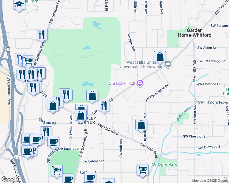 map of restaurants, bars, coffee shops, grocery stores, and more near 8827 Southwest 90th Avenue in Portland