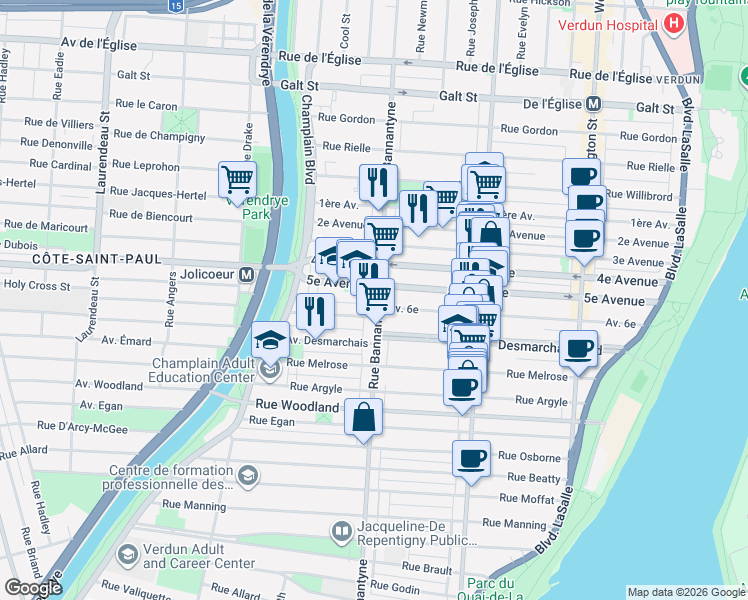 map of restaurants, bars, coffee shops, grocery stores, and more near 5021 Rue Bannantyne in Montreal