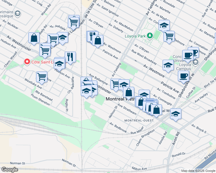 map of restaurants, bars, coffee shops, grocery stores, and more near 252 Avenue Ballantyne Nord in Montréal-Ouest