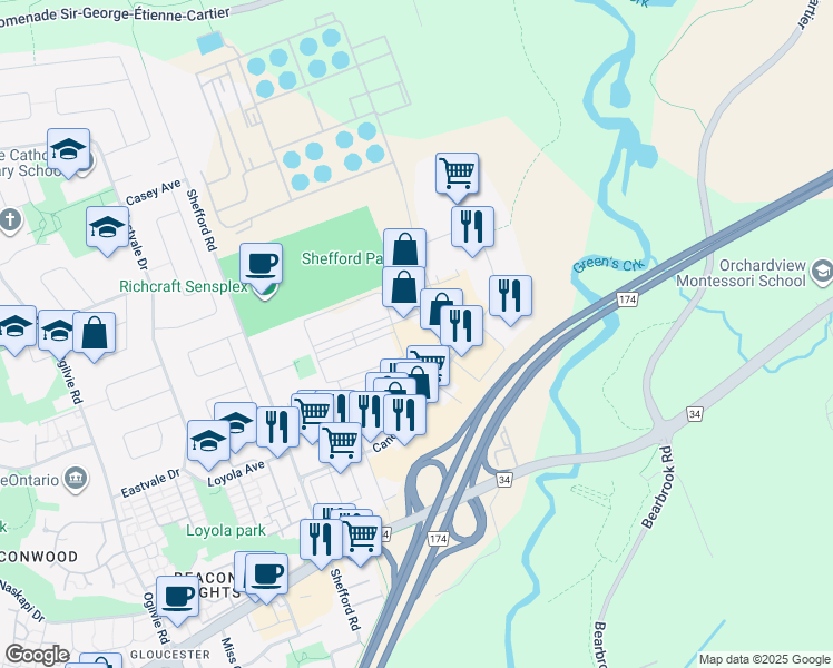 map of restaurants, bars, coffee shops, grocery stores, and more near 1010 Polytek Street in Ottawa