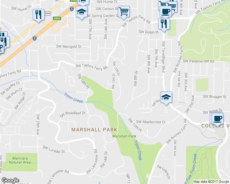 map of restaurants, bars, coffee shops, grocery stores, and more near 9501 Southwest 12th Drive in Portland