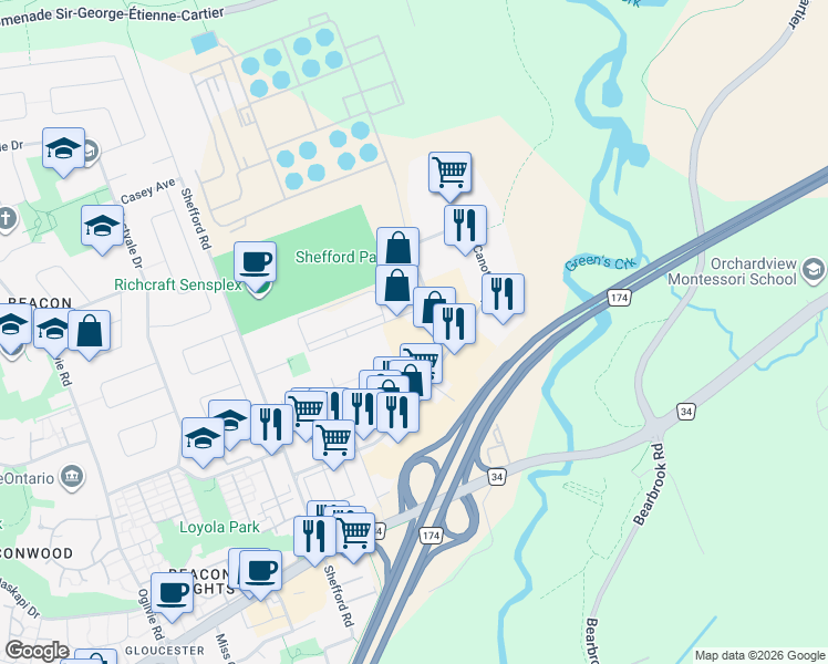 map of restaurants, bars, coffee shops, grocery stores, and more near 1010 Polytek Street in Ottawa