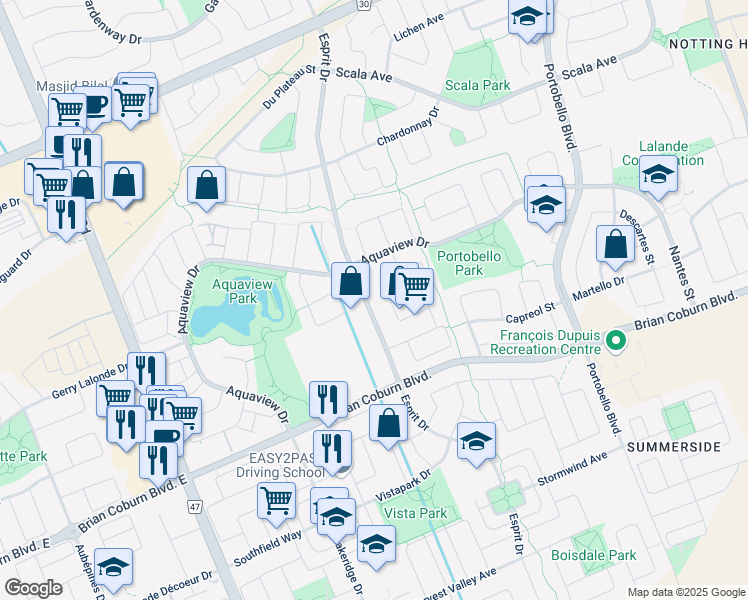 map of restaurants, bars, coffee shops, grocery stores, and more near 2201 Esprit Drive in Ottawa