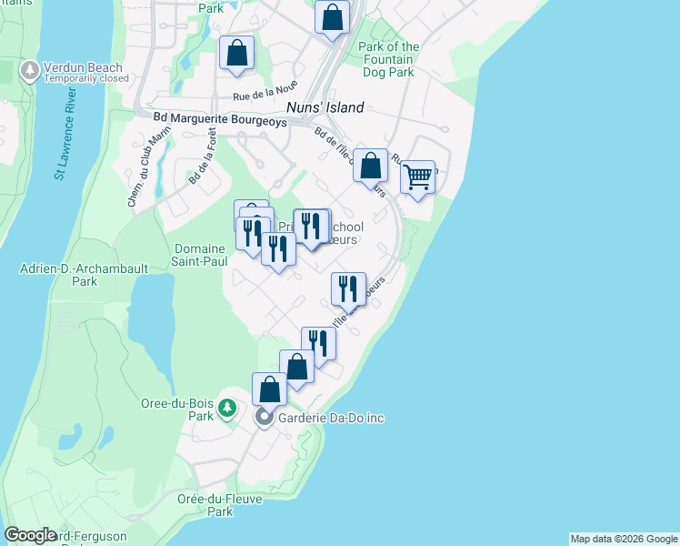map of restaurants, bars, coffee shops, grocery stores, and more near 300 Rue Elgar in Montréal