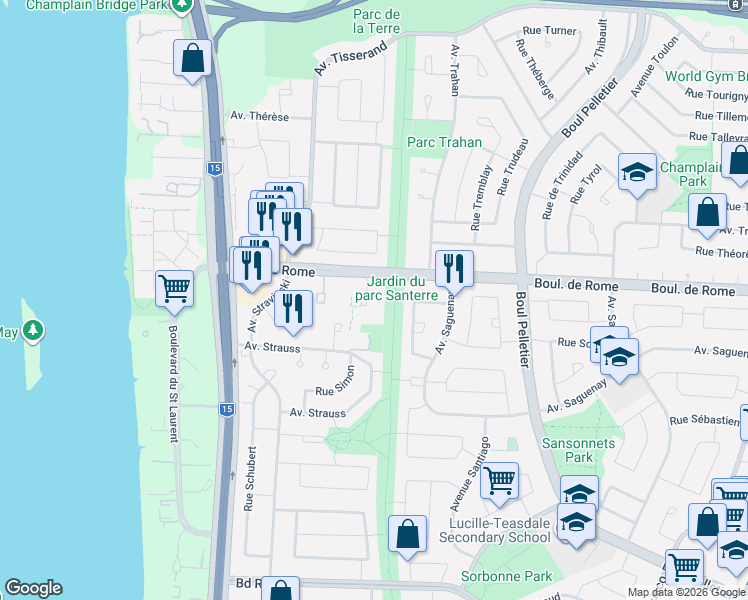 map of restaurants, bars, coffee shops, grocery stores, and more near 927 Place Soulanges in Brossard