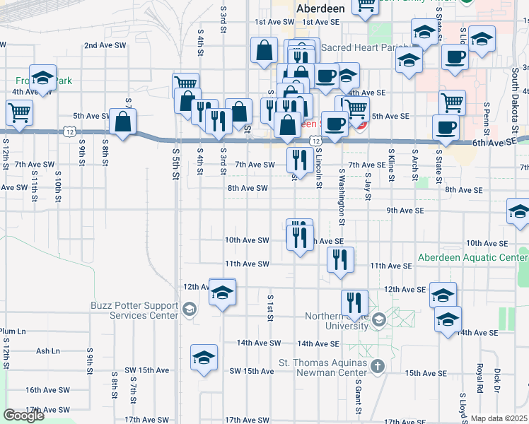 map of restaurants, bars, coffee shops, grocery stores, and more near 105 9th Avenue Southwest in Aberdeen