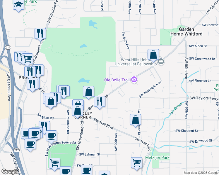 map of restaurants, bars, coffee shops, grocery stores, and more near 8827 Southwest 90th Avenue in Portland