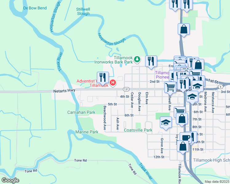 map of restaurants, bars, coffee shops, grocery stores, and more near 1015 3rd Street in Tillamook