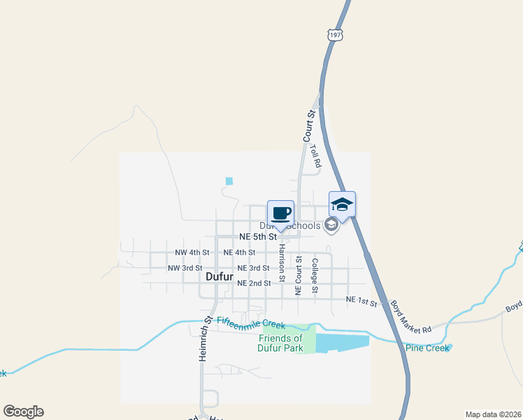 map of restaurants, bars, coffee shops, grocery stores, and more near 340 Northeast 7th Street in Dufur