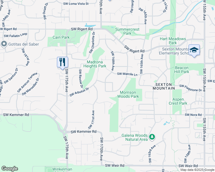 map of restaurants, bars, coffee shops, grocery stores, and more near 8718 Southwest Muledeer Drive in Beaverton