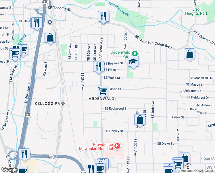 map of restaurants, bars, coffee shops, grocery stores, and more near 3247 Southeast Filbert Street in Milwaukie