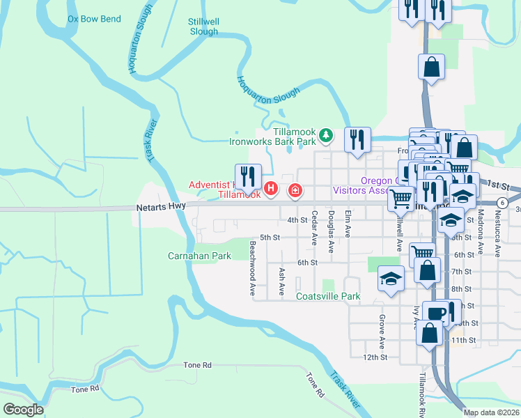 map of restaurants, bars, coffee shops, grocery stores, and more near 975 3rd Street in Tillamook
