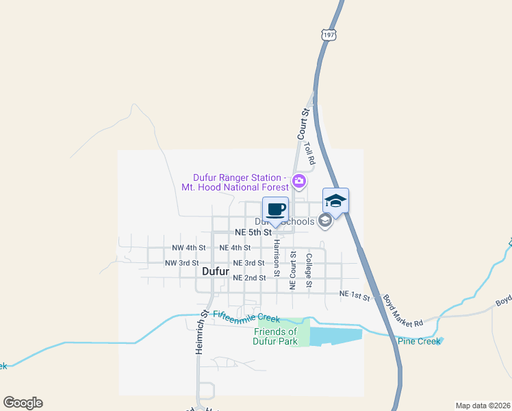 map of restaurants, bars, coffee shops, grocery stores, and more near 340 Northeast 7th Street in Dufur