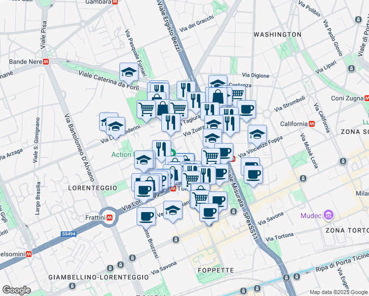 map of restaurants, bars, coffee shops, grocery stores, and more near 72 Via Leone Tolstoi in Milano