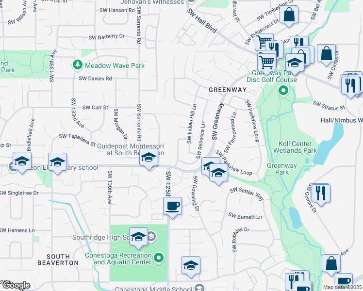 map of restaurants, bars, coffee shops, grocery stores, and more near 8820 Southwest Oxbow Terrace in Beaverton