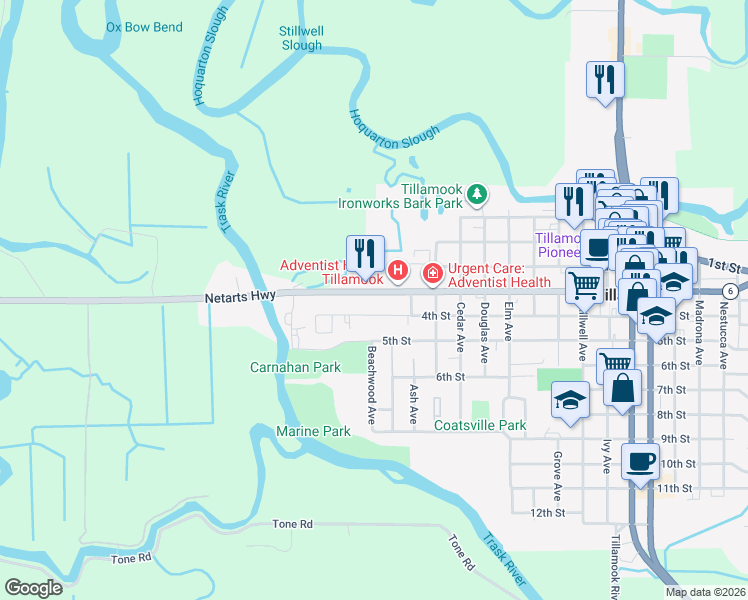 map of restaurants, bars, coffee shops, grocery stores, and more near 985 3rd Street in Tillamook