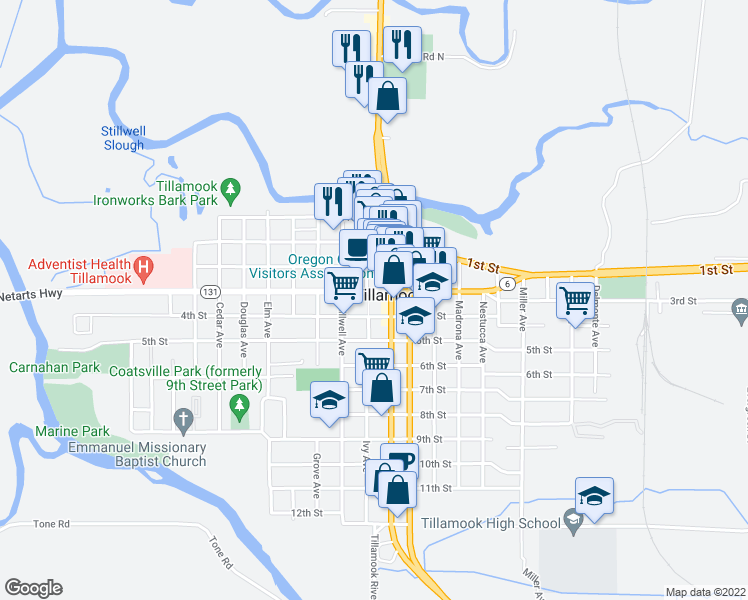 map of restaurants, bars, coffee shops, grocery stores, and more near 1907 3rd Street in Tillamook