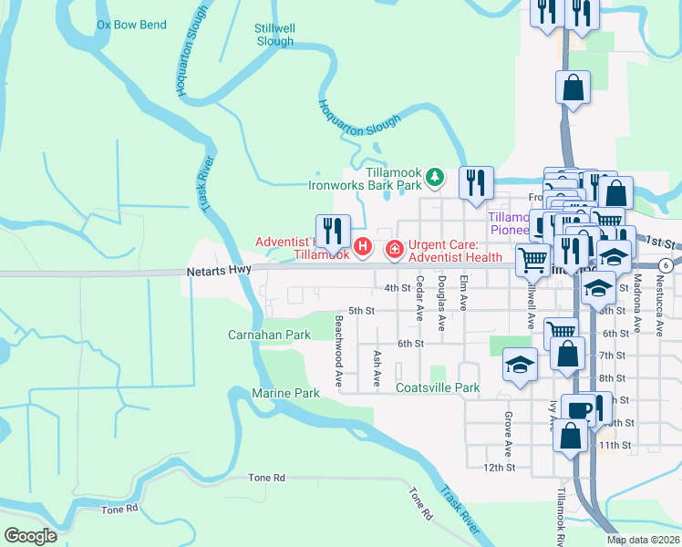 map of restaurants, bars, coffee shops, grocery stores, and more near 985 3rd Street in Tillamook