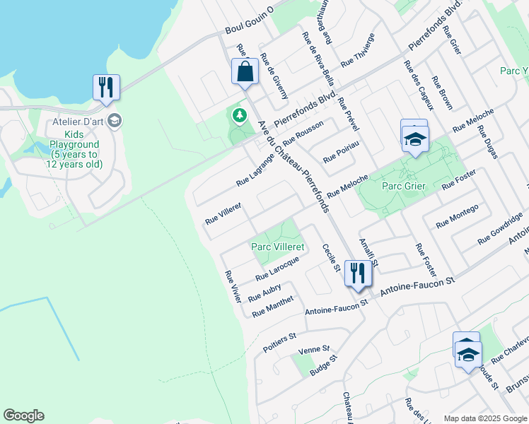 map of restaurants, bars, coffee shops, grocery stores, and more near 18550 Rue Auban in Montreal