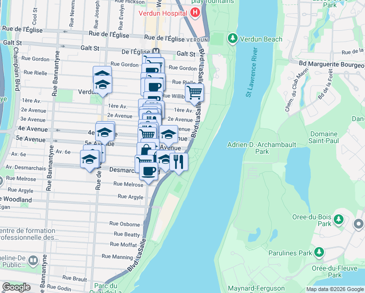 map of restaurants, bars, coffee shops, grocery stores, and more near 17 5e Avenue in Montréal
