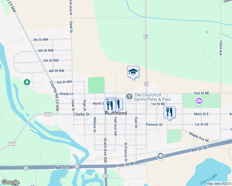 map of restaurants, bars, coffee shops, grocery stores, and more near 111 Central Avenue North in Richmond
