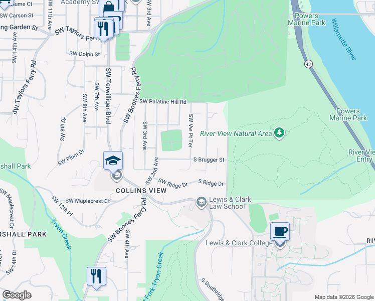 map of restaurants, bars, coffee shops, grocery stores, and more near 9518 Southwest View Point Terrace in Portland