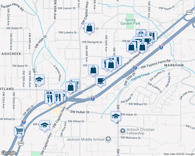 map of restaurants, bars, coffee shops, grocery stores, and more near 3828 Southwest Plum Street in Portland