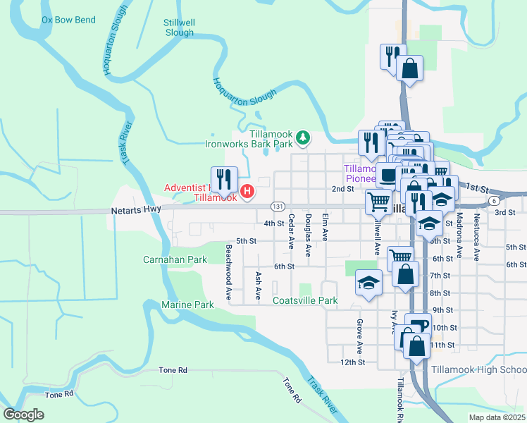 map of restaurants, bars, coffee shops, grocery stores, and more near 1015 3rd Street in Tillamook