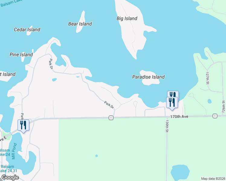 map of restaurants, bars, coffee shops, grocery stores, and more near 124 Peterson Trail in Balsam Lake