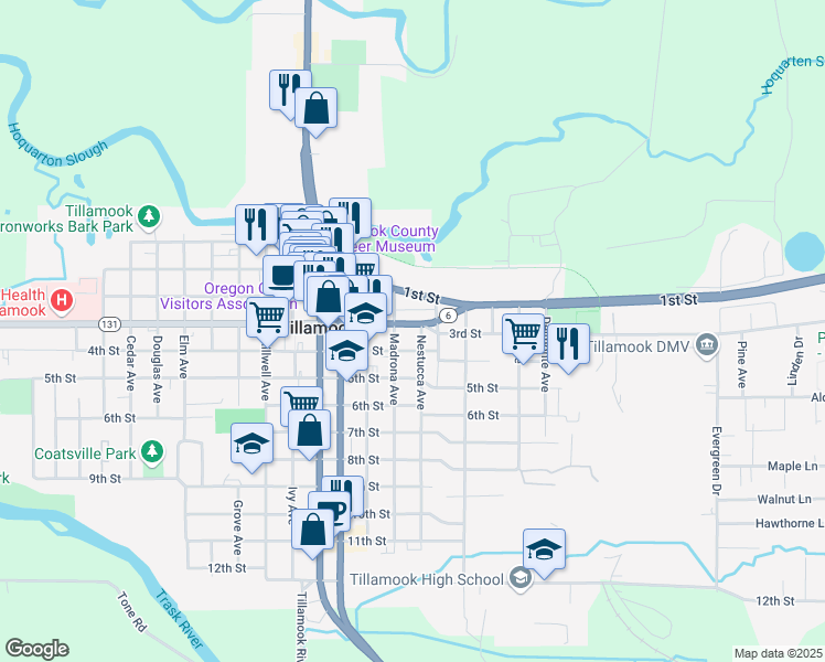 map of restaurants, bars, coffee shops, grocery stores, and more near 2311 3rd Street in Tillamook