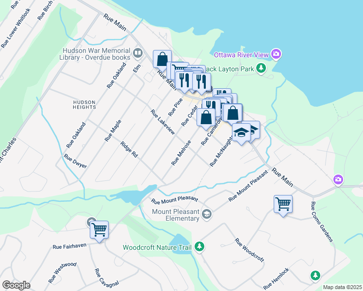 map of restaurants, bars, coffee shops, grocery stores, and more near 425 Rue Lakeview in Hudson