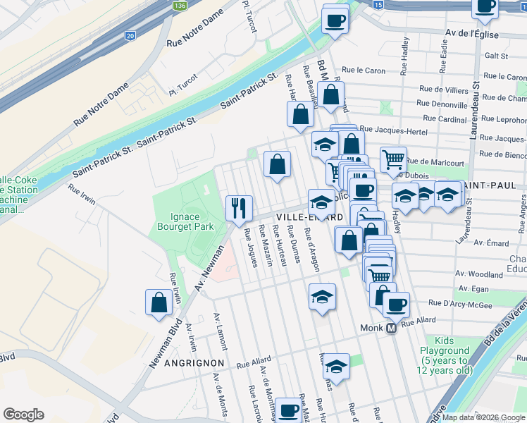 map of restaurants, bars, coffee shops, grocery stores, and more near 2925 Rue Jolicoeur in Montréal