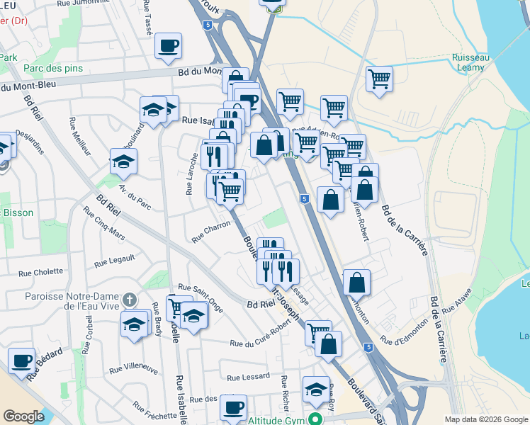 map of restaurants, bars, coffee shops, grocery stores, and more near 6 Rue Galipeau in Gatineau