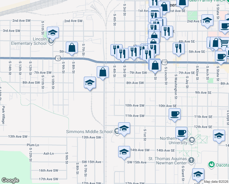 map of restaurants, bars, coffee shops, grocery stores, and more near 399 9th Ave SW in Aberdeen