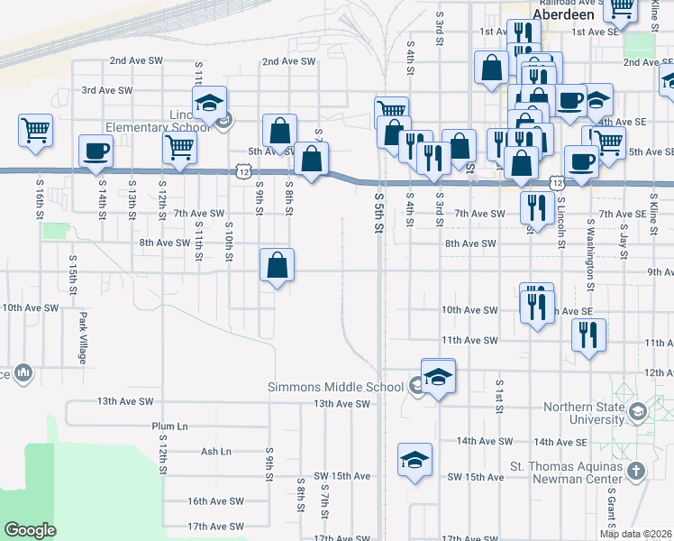 map of restaurants, bars, coffee shops, grocery stores, and more near 640 9th Avenue Southwest in Aberdeen