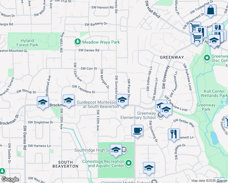 map of restaurants, bars, coffee shops, grocery stores, and more near 8825 Southwest Sorrento Road in Beaverton