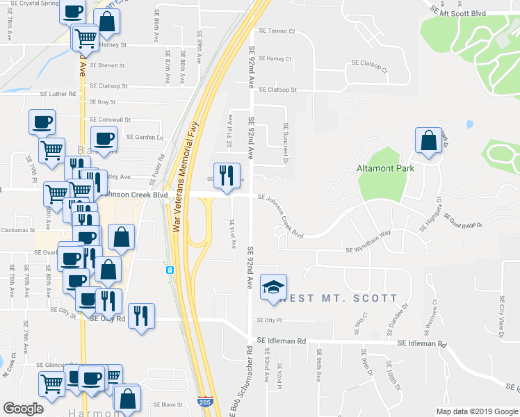 map of restaurants, bars, coffee shops, grocery stores, and more near 9210 Southeast 92nd Avenue in Happy Valley