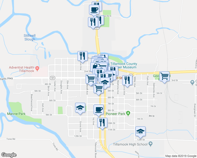 map of restaurants, bars, coffee shops, grocery stores, and more near 303 Main Avenue in Tillamook