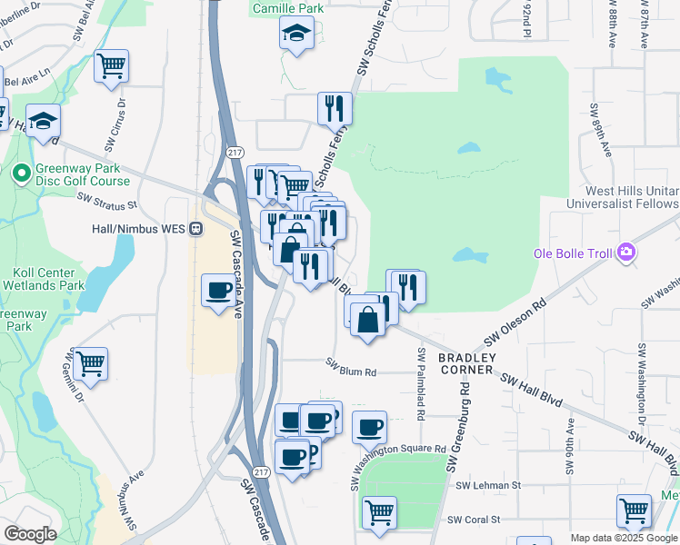 map of restaurants, bars, coffee shops, grocery stores, and more near 8930 Southwest Fairview Place in Portland